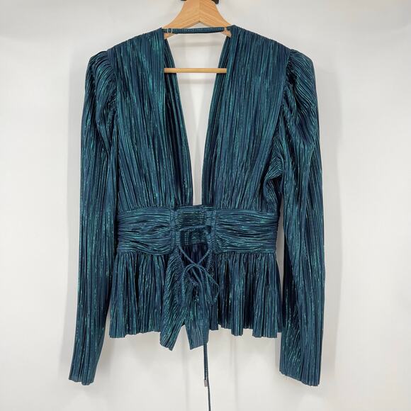 Sabina Musayev | Maxim Top Dark Ocean Metallic Pleated V-Neck Peplum Blouse L - Picture 4 of 11